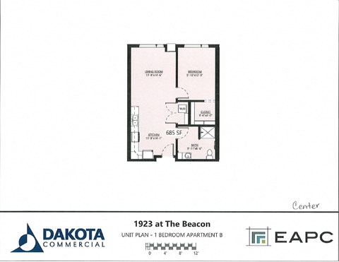 Floor plan for 1 bed, 1 bath, 685 sqft